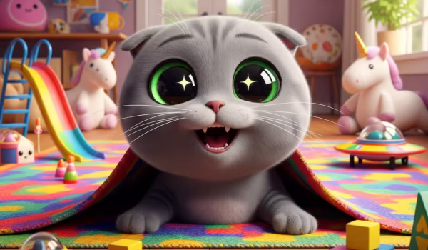 Happy Scottish Fold Kitten in Colorful Room