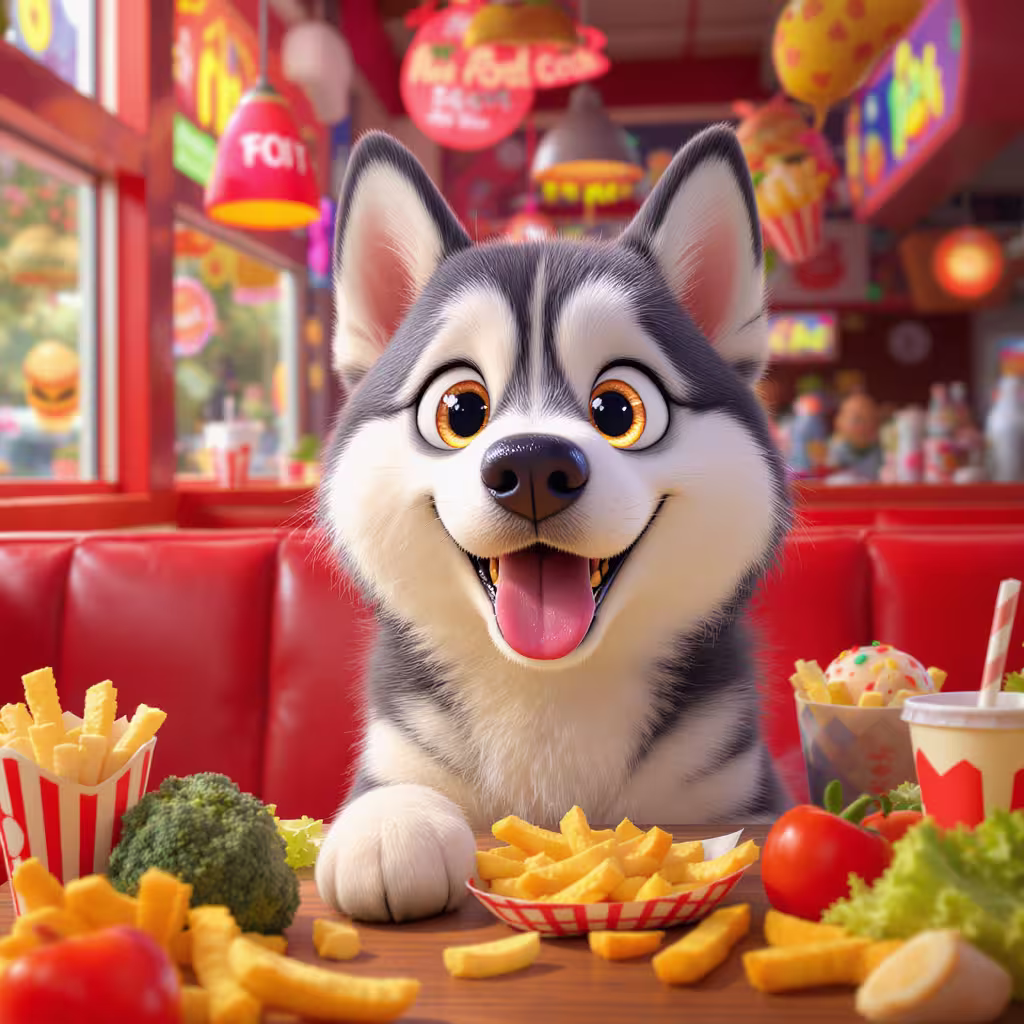 خطرات دادن غذای انسانی به سگ؛ لیست غذاهای سمی برای سگها 1 Husky in restaurant fast food