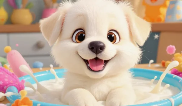 Little puppy in milk pot