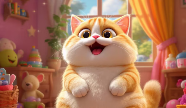 orange and white fat cat with large bright eyes in a shining apartment house