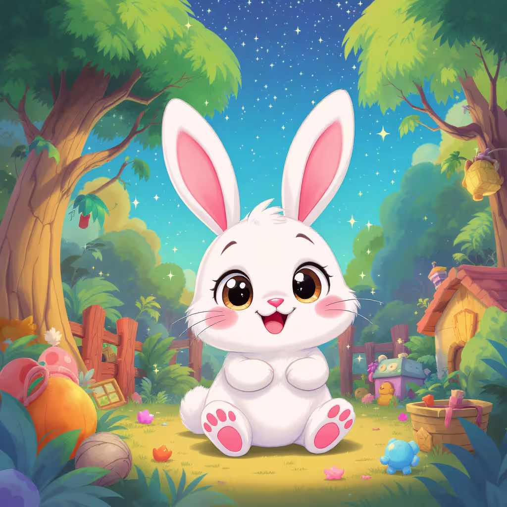 نقش بازی و فعالیت در بهبود تجربه زندگی خرگوش 1 rabbit with large shining eyes and a bright smile is sitting in a colorful jungle house
