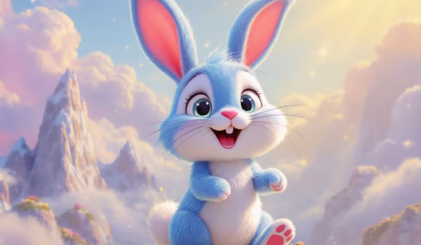 A cartooni animation blue pink little cute rabbit in shining jugle mountain