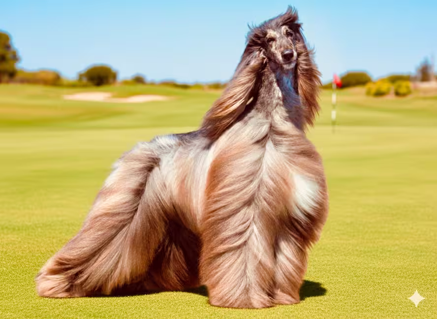 جامع ترین معرفی سگ نژاد افغان هاند (Afghan Hound)؛ تازی افغان 5 Afghan hound dog in golf club