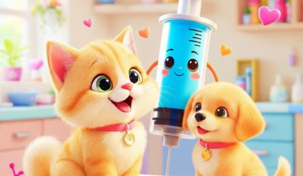 Cat and dog with their friend in veterinary hospital for vaccination