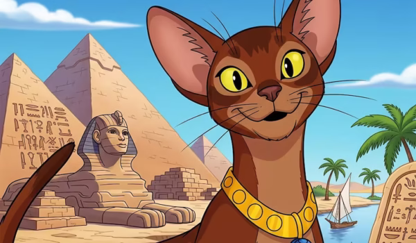 an animated cartoon happy cute Abyssinian cat breed